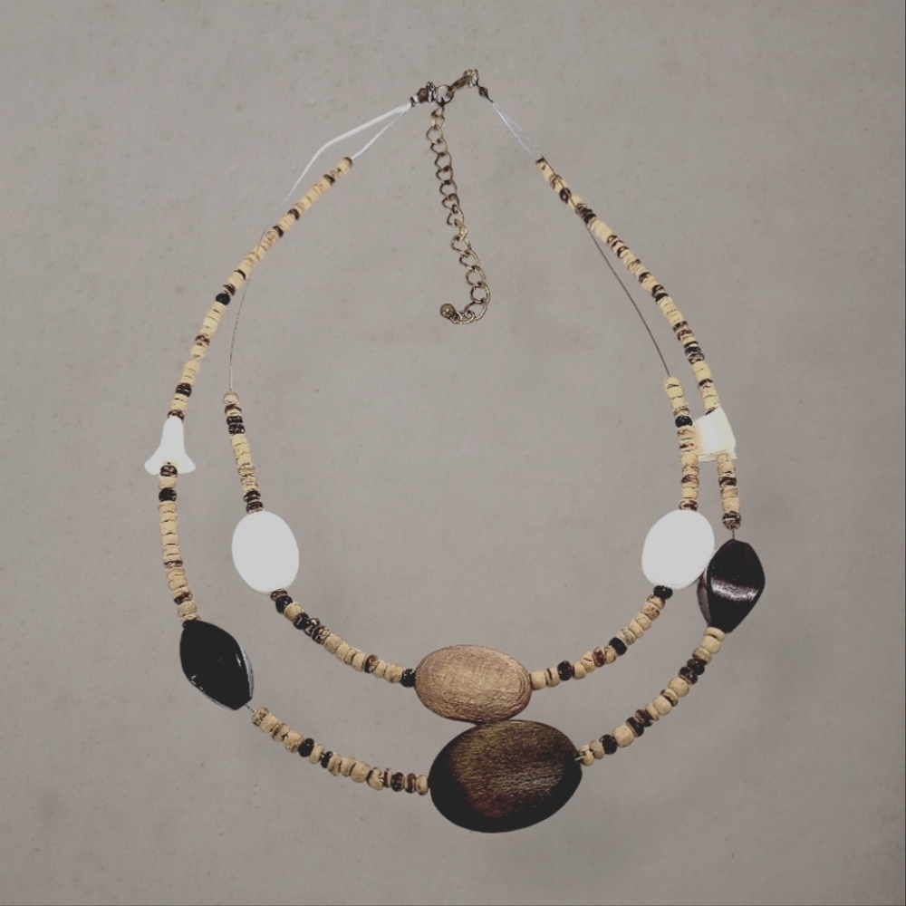 Vintage Hawaiian Puka Chip Amber Glass and shark teeth double-strand  Necklace